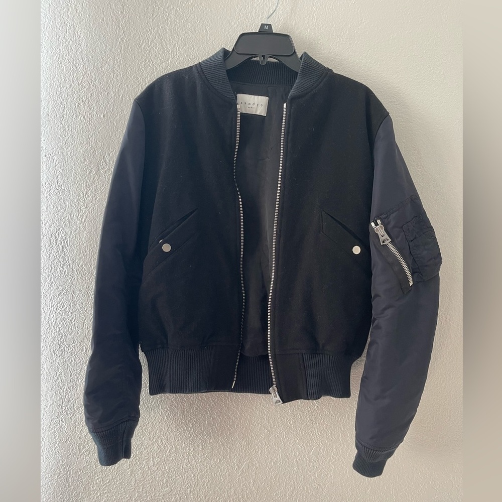 Sandro Black Bomber Jacket Varsity Size Small Wool/ Cashmere